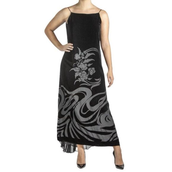 Max Studio Leon Max Dress Women’s Small Black Velvet Floral Burnout Silk Blend